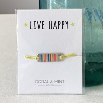 Live Happy -neon striped bar charm Coral and Mint